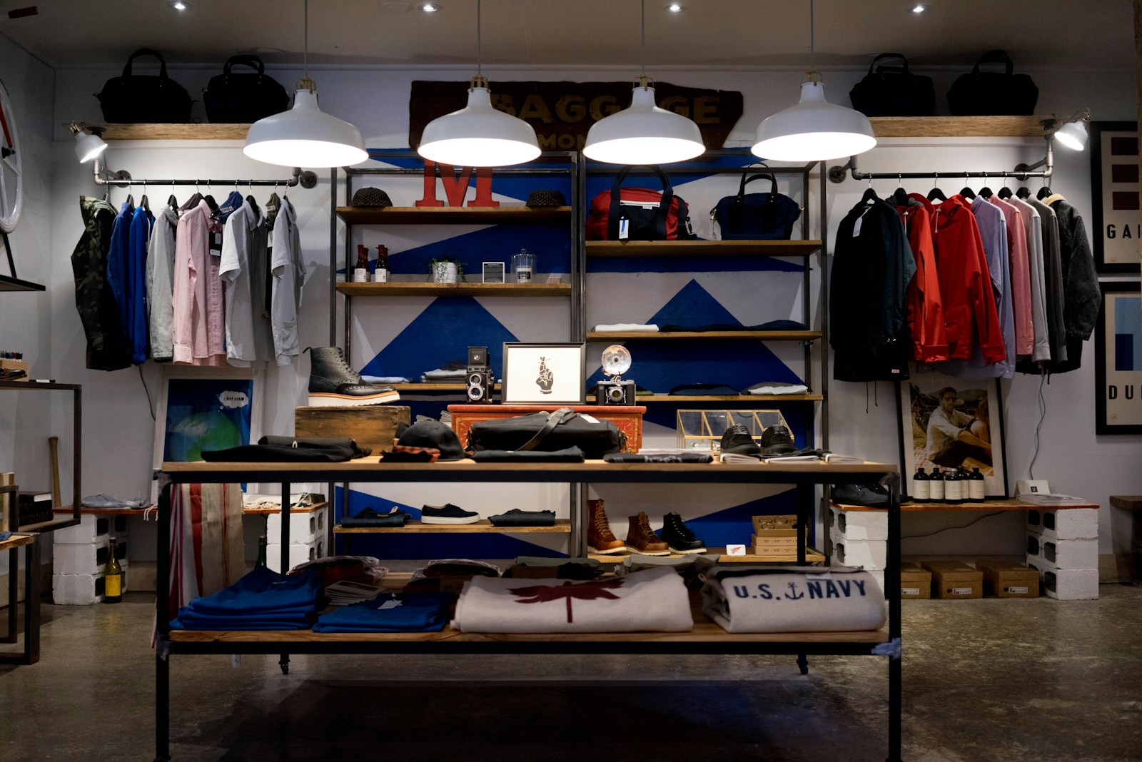 Bright retail showroom with apparel displays